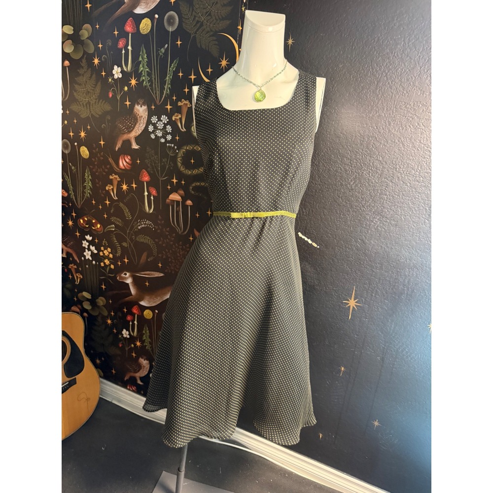 K Studio Womens Black Yellow Polka Dot Fit Flare Dress Green Belt Size 10 Retro